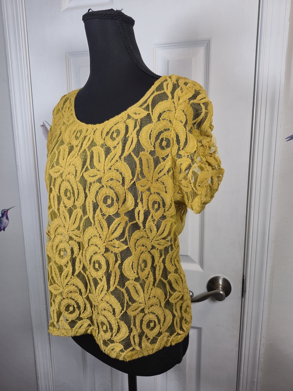 INC International Concepts Mustard Yellow Floral Lace Short Sleeve Blouse XL - Picture 3 of 5